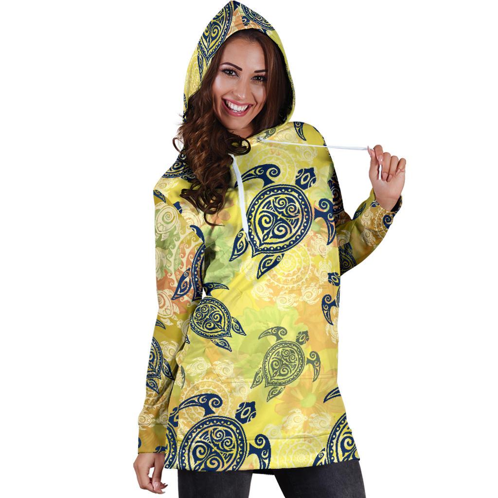 Hawaiian Turtle Tribal Design Print Women Hoodie Dress