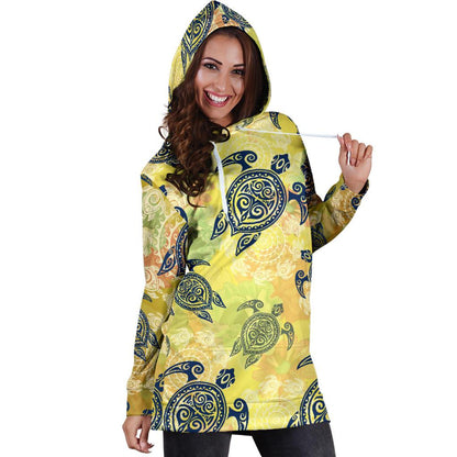 Hawaiian Turtle Tribal Design Print Women Hoodie Dress