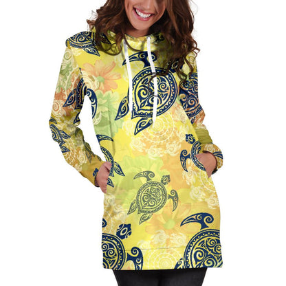 Hawaiian Turtle Tribal Design Print Women Hoodie Dress