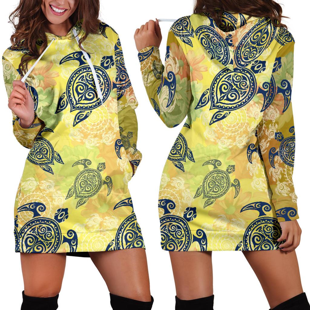 Hawaiian Turtle Tribal Design Print Women Hoodie Dress