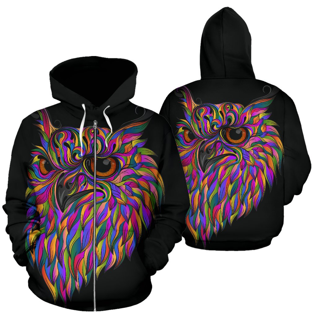 Head Owl Colorful Art All Over Zip Up Hoodie