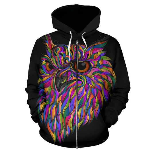 Head Owl Colorful Art All Over Zip Up Hoodie