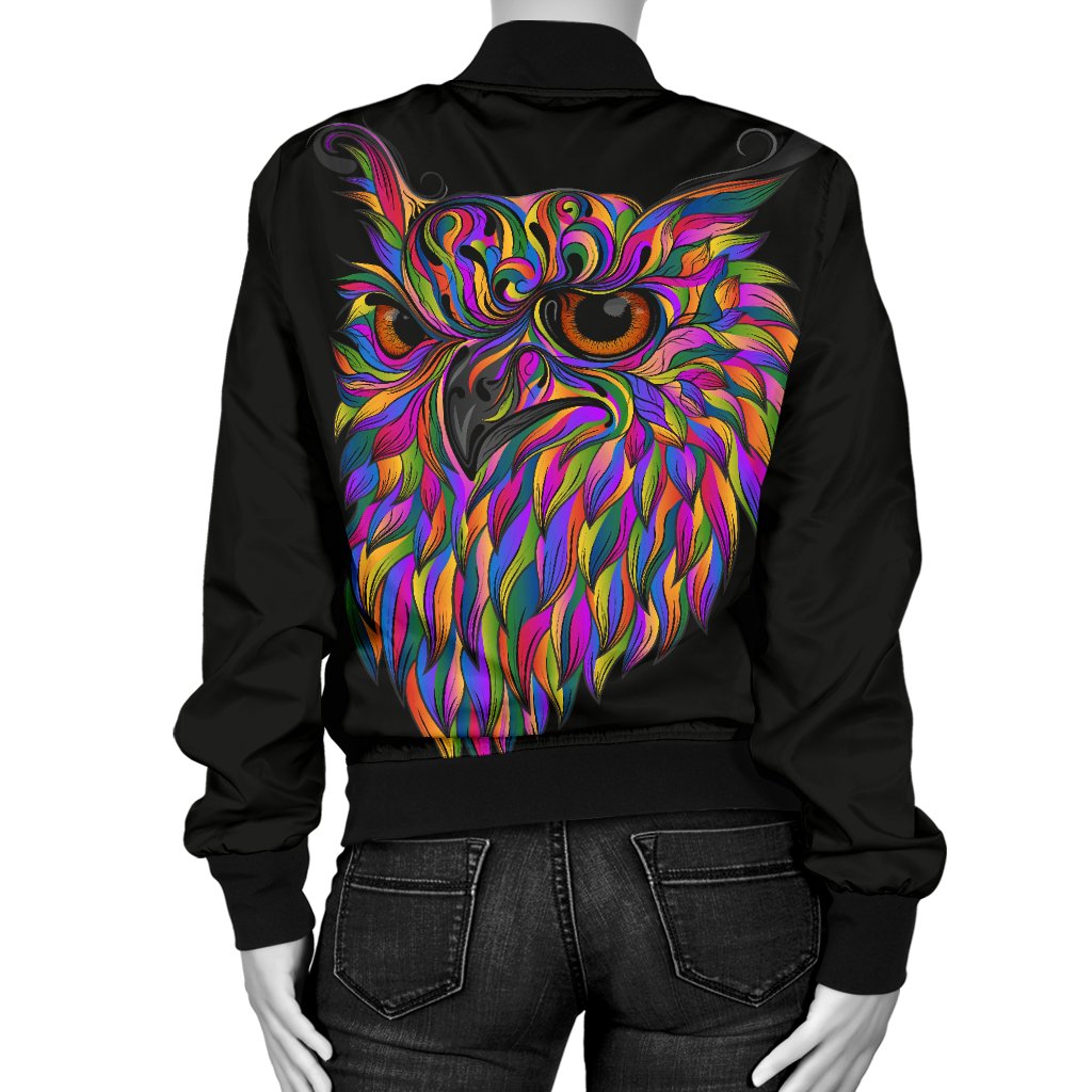 Head Owl Colorful Art Women Casual Bomber Jacket