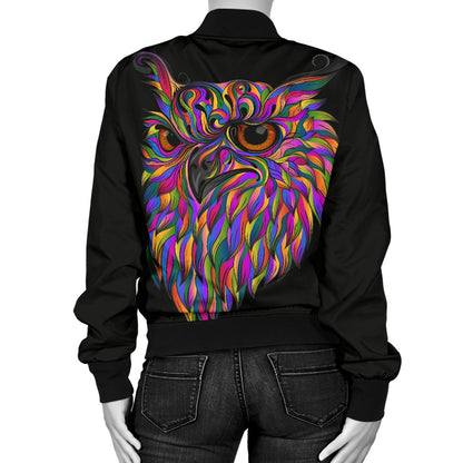 Head Owl Colorful Art Women Casual Bomber Jacket