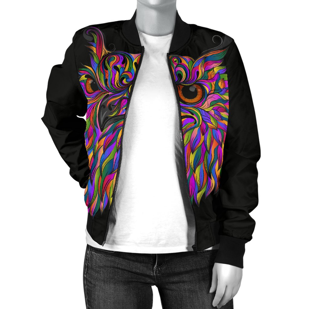 Head Owl Colorful Art Women Casual Bomber Jacket