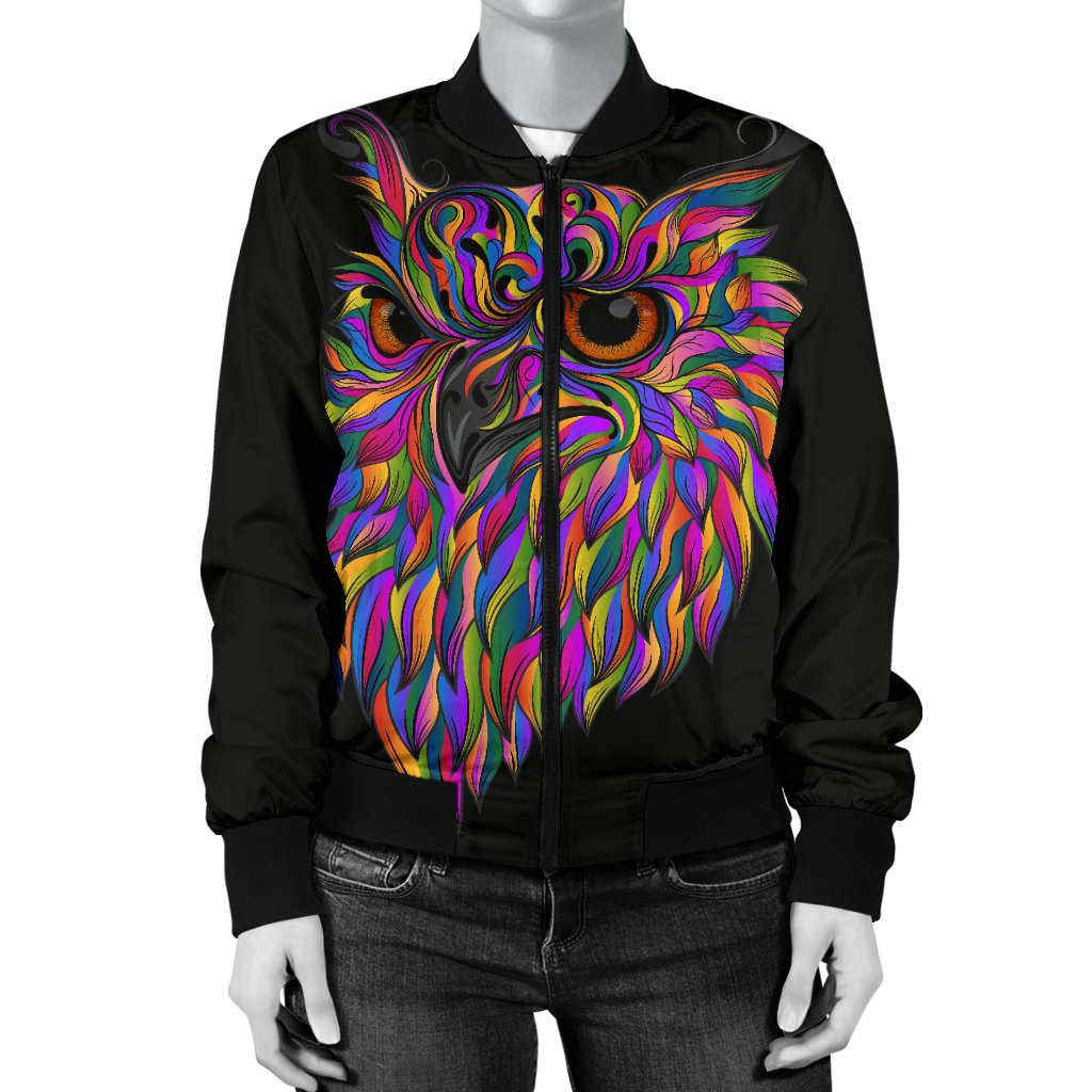 Head Owl Colorful Art Women Casual Bomber Jacket
