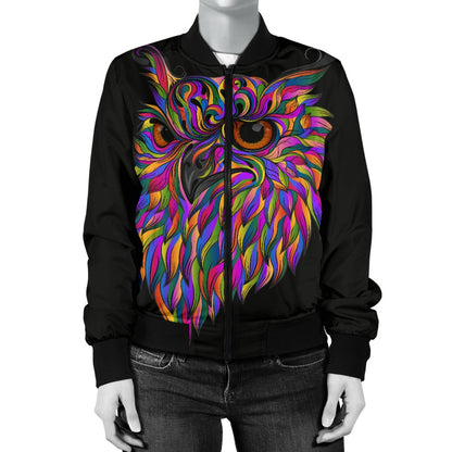 Head Owl Colorful Art Women Casual Bomber Jacket