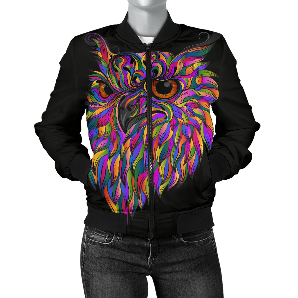 Head Owl Colorful Art Women Casual Bomber Jacket