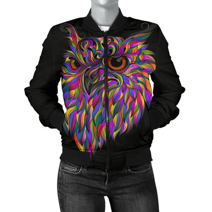 Head Owl Colorful Art Women Casual Bomber Jacket