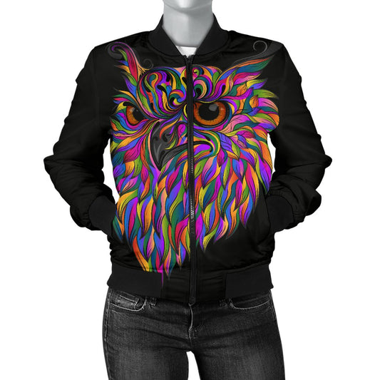 Head Owl Colorful Art Women Casual Bomber Jacket