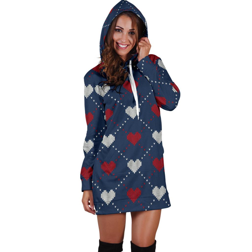 Heart Knit Pattern Print Design HE05 Women Hoodie Dress