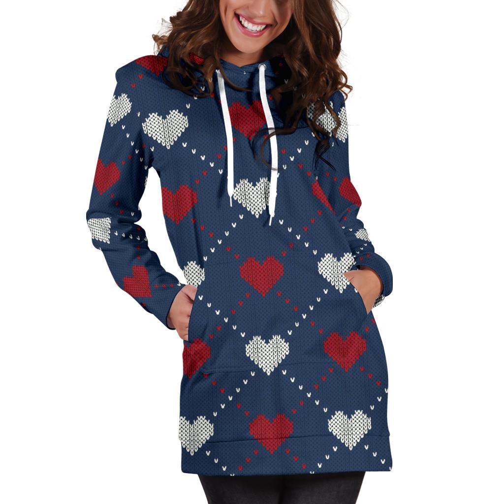 Heart Knit Pattern Print Design HE05 Women Hoodie Dress