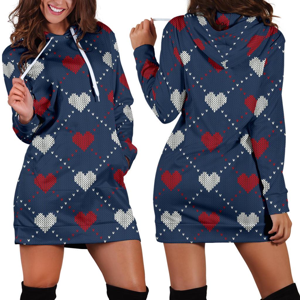 Heart Knit Pattern Print Design HE05 Women Hoodie Dress