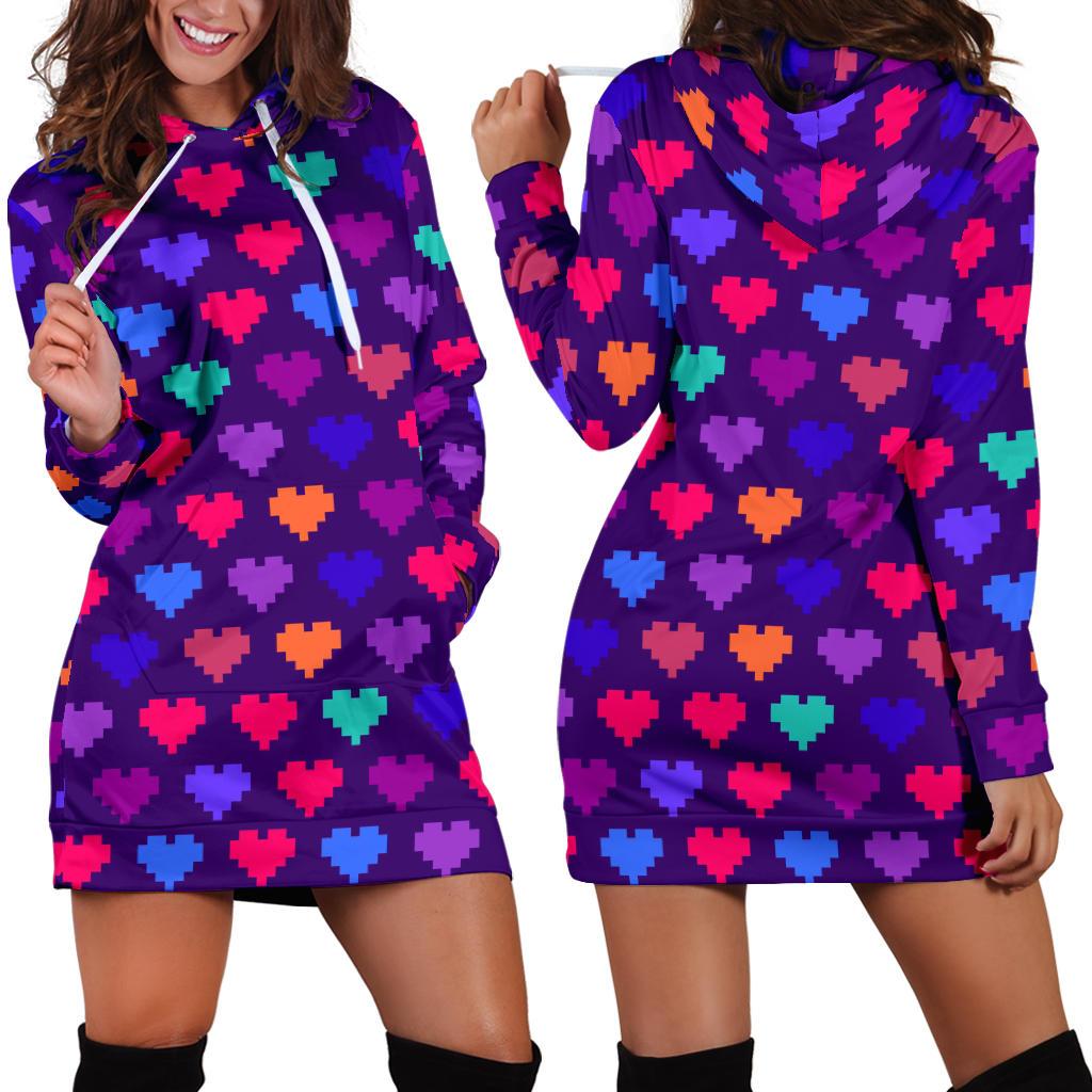 Heart Pixel Pattern Print Design HE03 Women Hoodie Dress