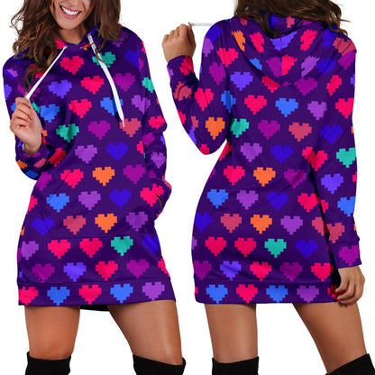 Heart Pixel Pattern Print Design HE03 Women Hoodie Dress