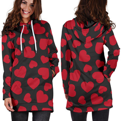 Heart Red Pattern Print Design HE01 Women Hoodie Dress