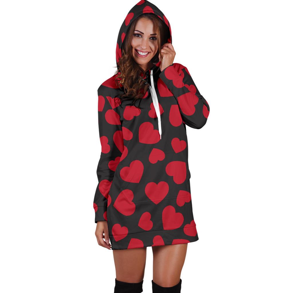 Heart Red Pattern Print Design HE01 Women Hoodie Dress