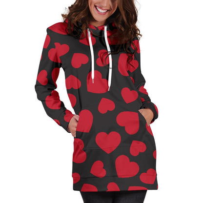 Heart Red Pattern Print Design HE01 Women Hoodie Dress