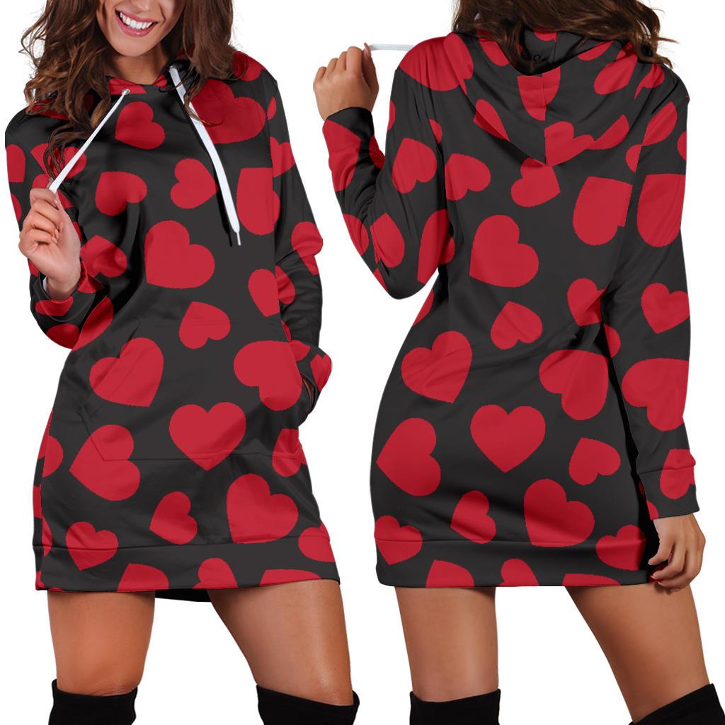 Heart Red Pattern Print Design HE01 Women Hoodie Dress