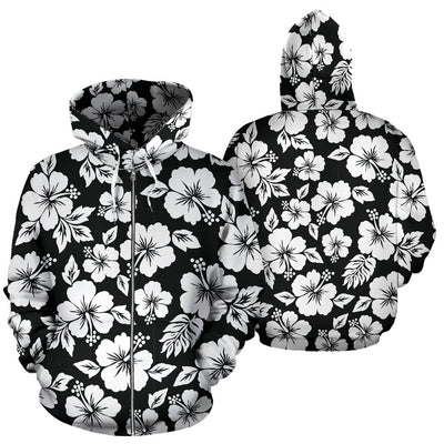 Hibiscus Black Hawaiian Flower Style All Over Zip Up Hoodie