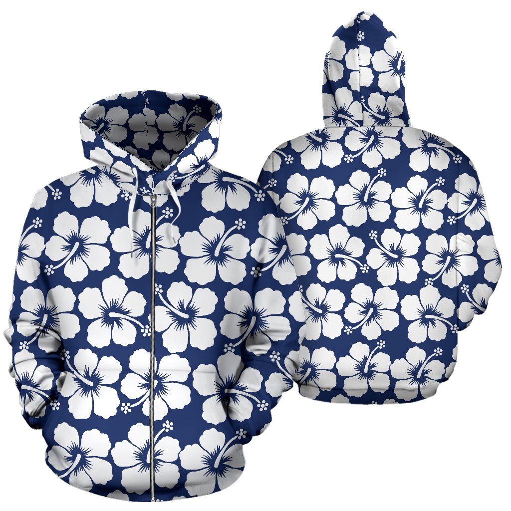Hibiscus Blue Hawaiian Flower Pattern All Over Zip Up Hoodie