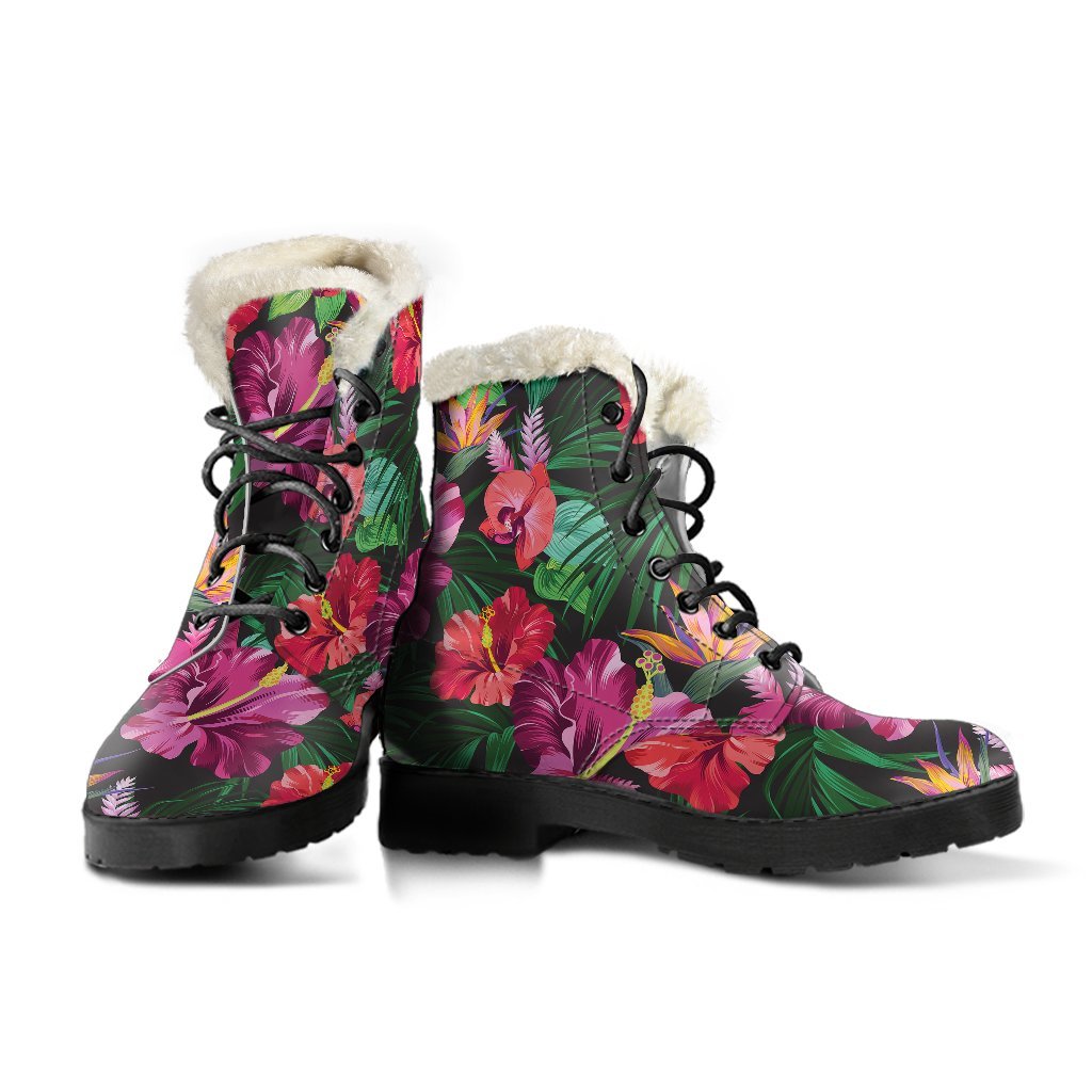 Hawaiian Flower Hibiscus tropical Faux Fur Leather Boots