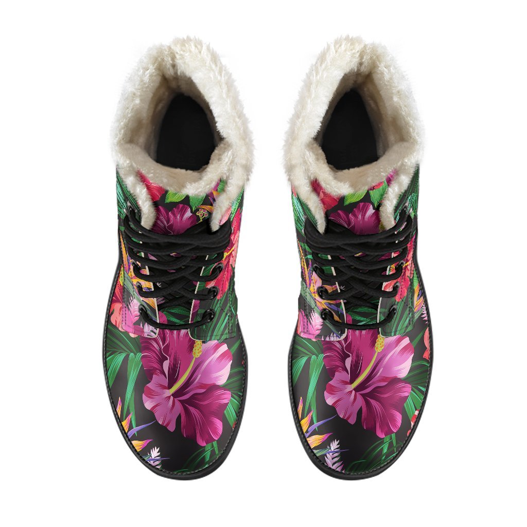 Hawaiian Flower Hibiscus tropical Faux Fur Leather Boots