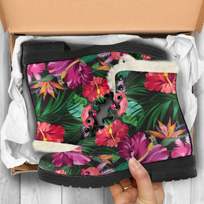 Hawaiian Flower Hibiscus tropical Faux Fur Leather Boots