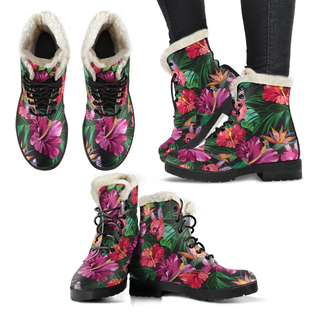 Hawaiian Flower Hibiscus tropical Faux Fur Leather Boots