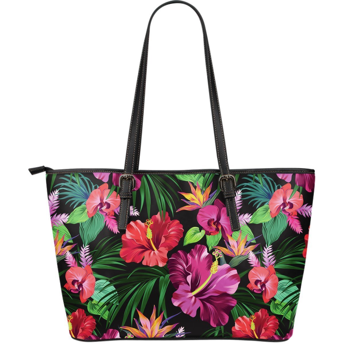 Floral Print Tote Shoulder Bag with Zippered Closure and Vegan Leather Tropical Hibiscus 2024 Graphic