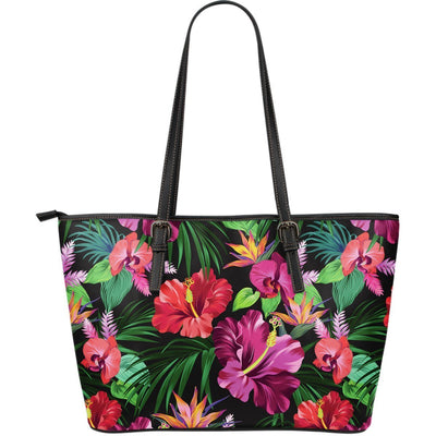 Floral Hibiscus Hawaiian tropical flower Large Leather Tote Bag