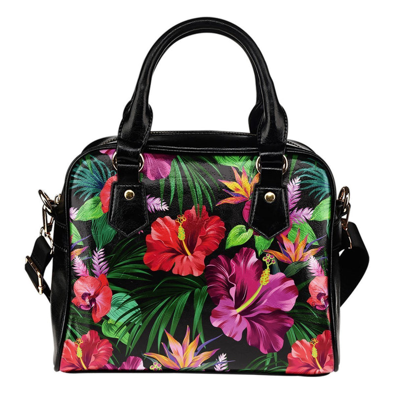 Floral Hibiscus Hawaiian tropical flower Leather Shoulder Handbag