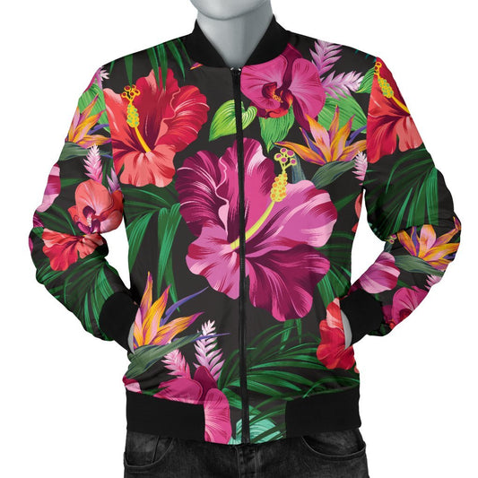 Hawaiian Flower Hibiscus Tropical Men Casual Bomber Jacket