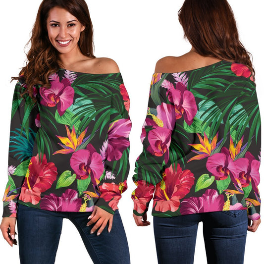 Hawaiian Flower Hibiscus Tropical Off Shoulder Sweatshirt