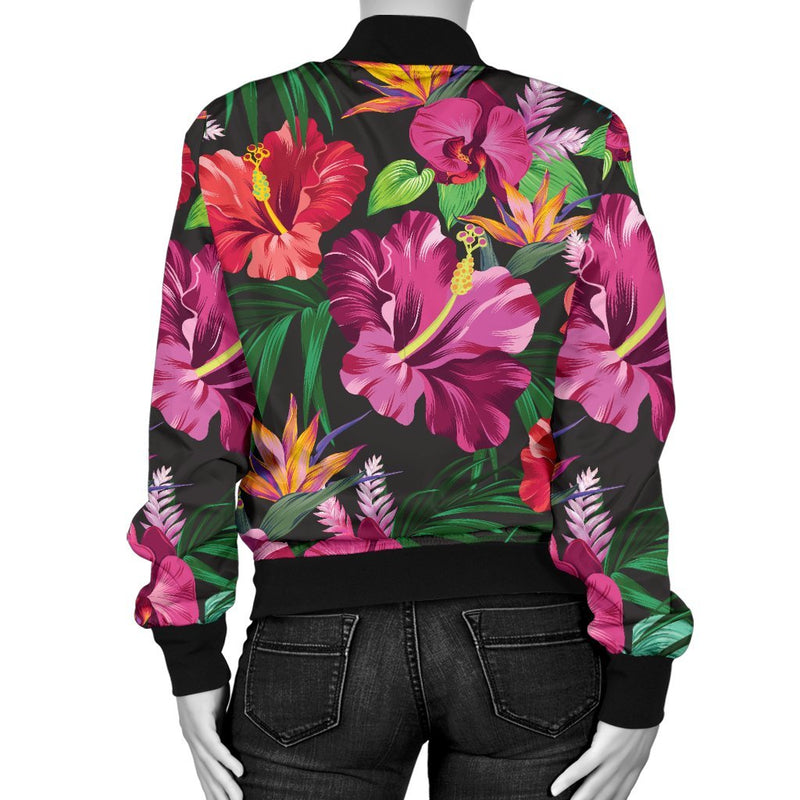 Hawaiian Flower Hibiscus Tropical Women Casual Bomber Jacket