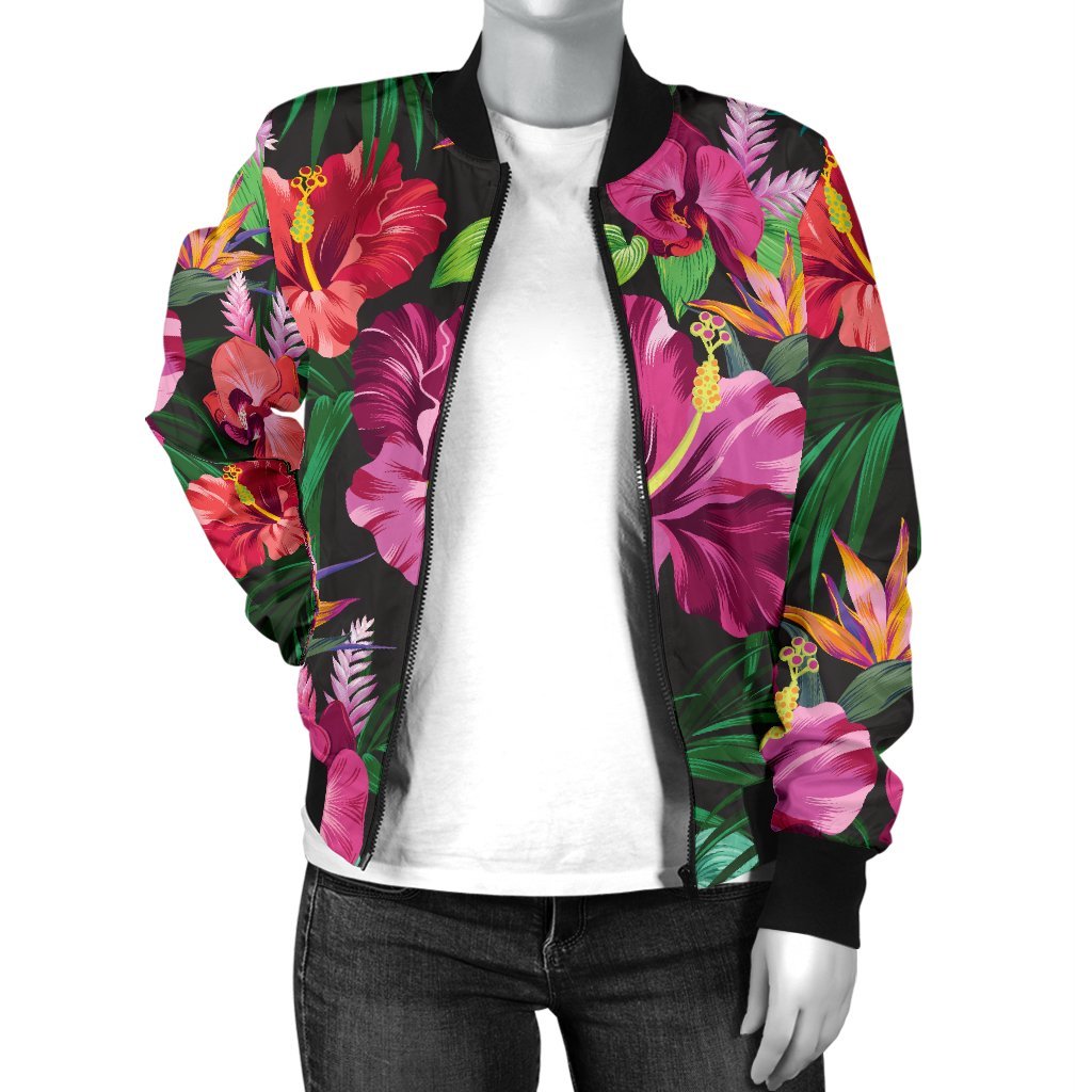Hawaiian Flower Hibiscus Tropical Women Casual Bomber Jacket