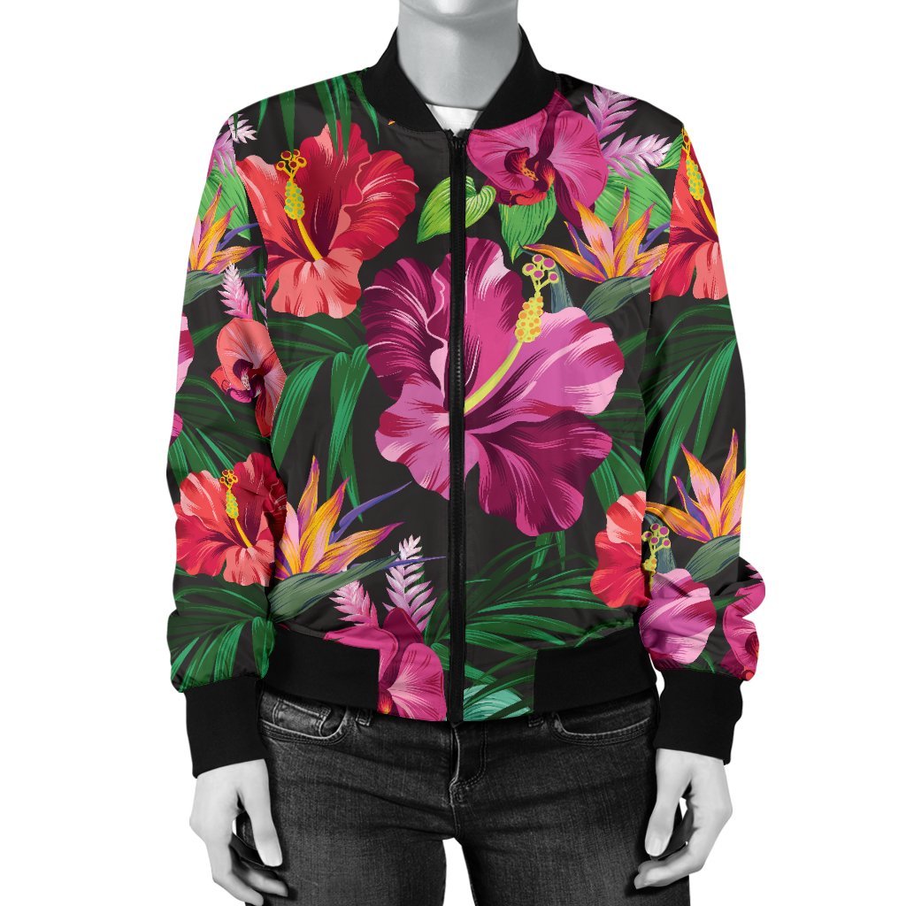 Hawaiian Flower Hibiscus Tropical Women Casual Bomber Jacket