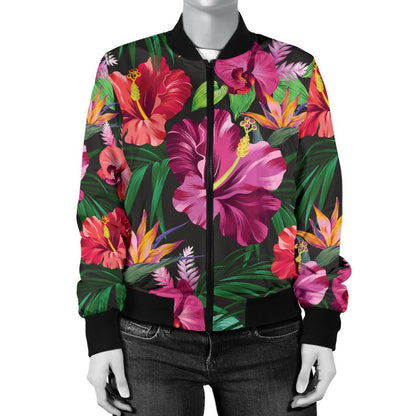 Hawaiian Flower Hibiscus Tropical Women Casual Bomber Jacket