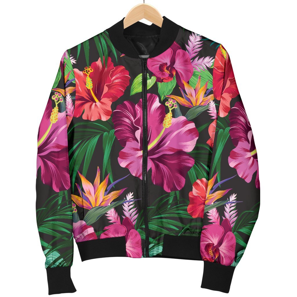 Hawaiian Flower Hibiscus Tropical Women Casual Bomber Jacket
