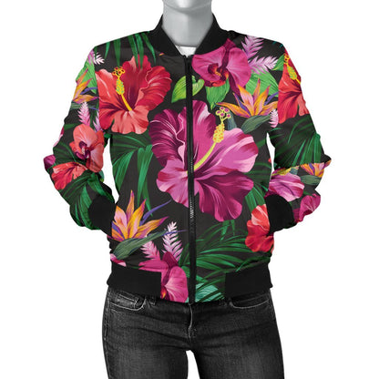 Hawaiian Flower Hibiscus Tropical Women Casual Bomber Jacket
