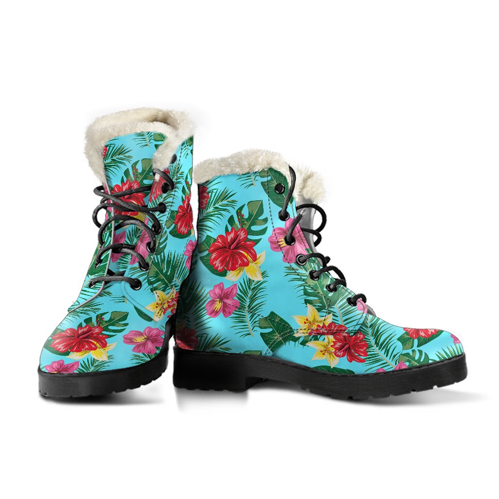 Hibiscus Hawaiian Flower Faux Fur Leather Boots