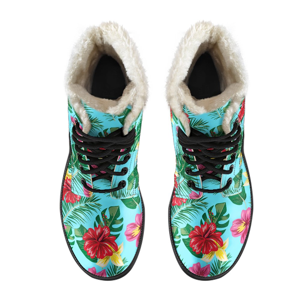 Hibiscus Hawaiian Flower Faux Fur Leather Boots