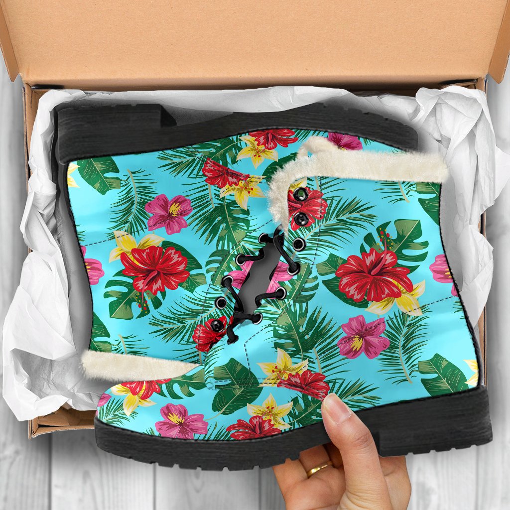 Hibiscus Hawaiian Flower Faux Fur Leather Boots
