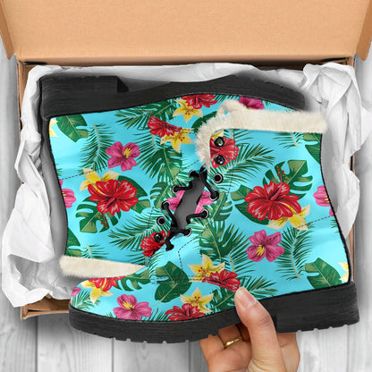 Hibiscus Hawaiian Flower Faux Fur Leather Boots