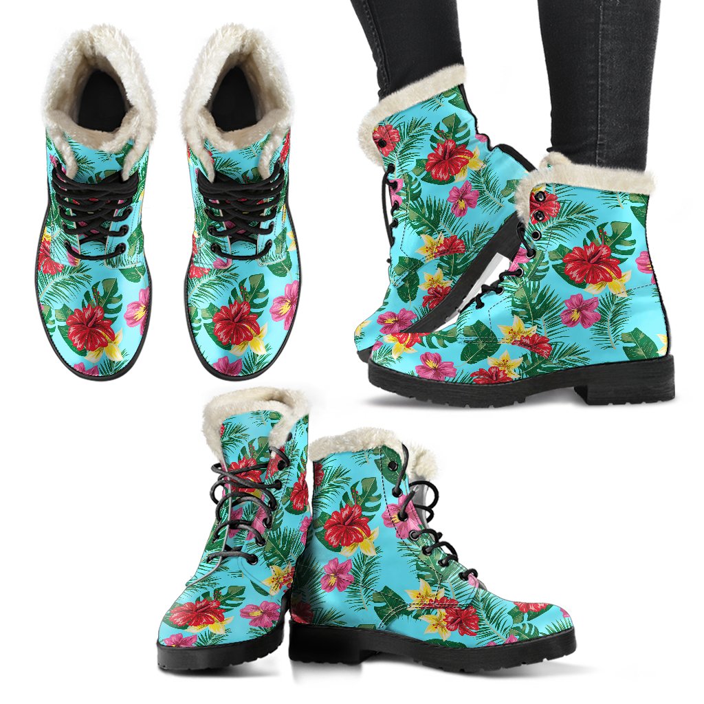 Hibiscus Hawaiian Flower Faux Fur Leather Boots