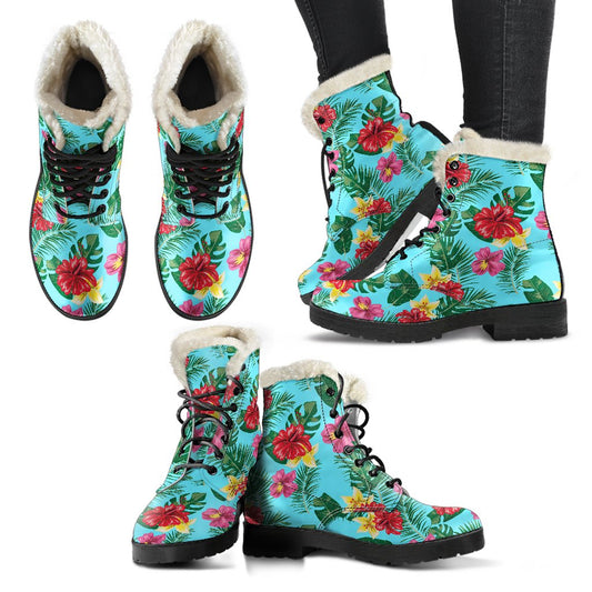 Hibiscus Hawaiian Flower Faux Fur Leather Boots