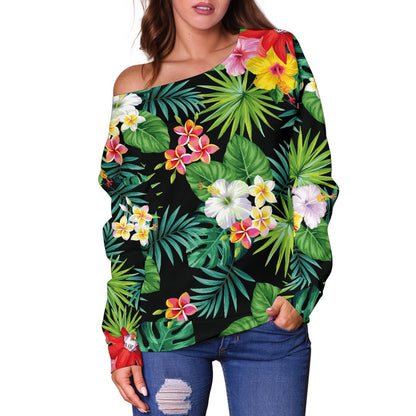 Hibiscus Hawaiian Flower Tropical Off Shoulder Sweatshirt