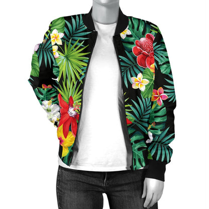 Hibiscus Hawaiian Flower Tropical Women Casual Bomber Jacket