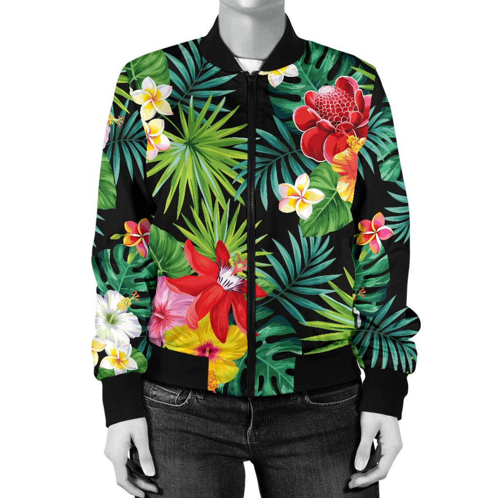 Hibiscus Hawaiian Flower Tropical Women Casual Bomber Jacket