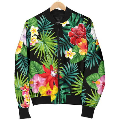 Hibiscus Hawaiian Flower Tropical Women Casual Bomber Jacket